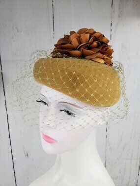 1960s Taupe Velvet Don Anderson Pillbox Hat w/ Floral Decor on Top & Netting